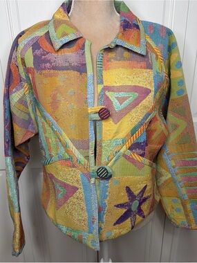 VTG Multicolor Geometric Pattern Women's Jacket Small Double Button Closure USA